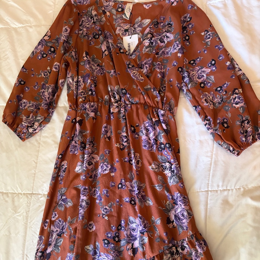 Never Worn Wren & Ivory "Jules" Rust Ruffle Faux Wrap Dress